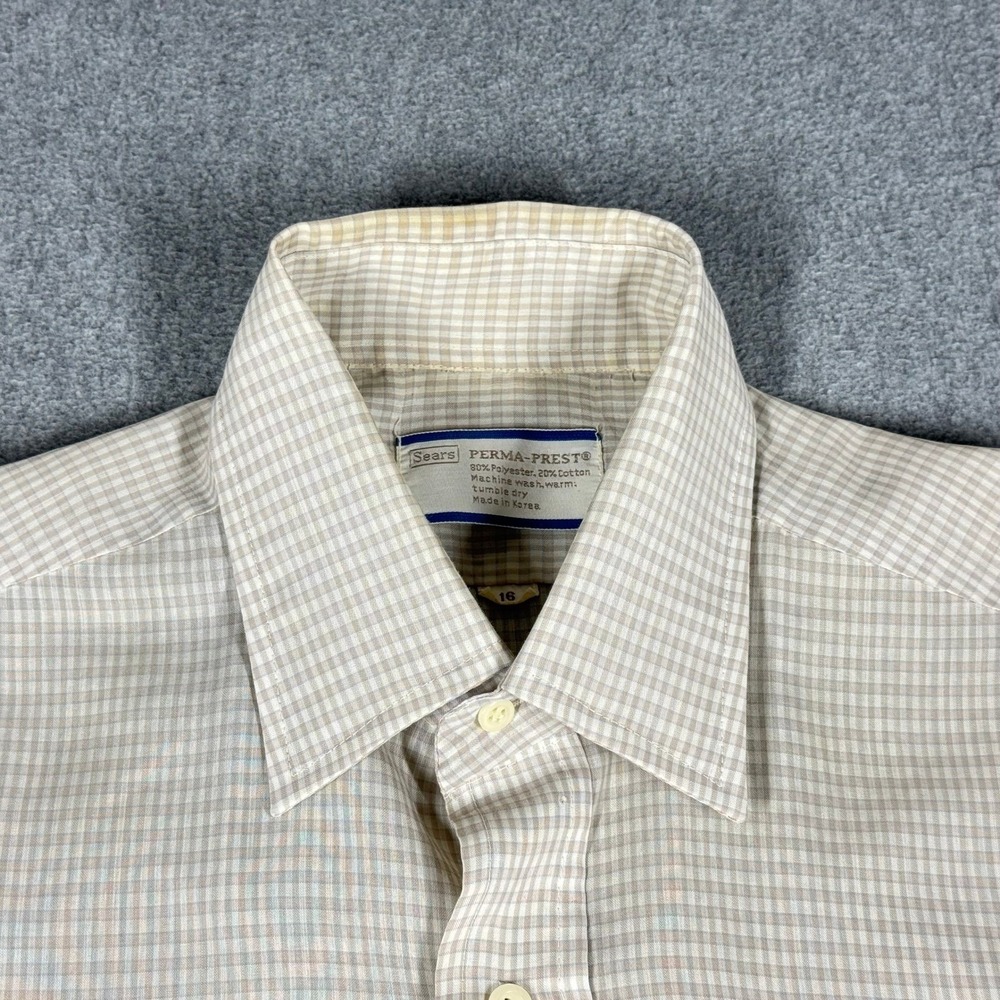 Vintage Sears Perma-Prest Mens Short Sleeve Button Down Shirt Cream 16 Collar